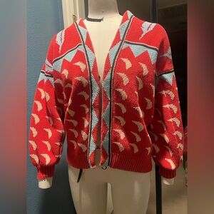Chris Triola Red Patterned V-Neck Women's Sweater Jacket